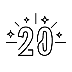 Paintball park spyder z vami že 20 let grafika številke 20, črte so črne barve, nad številkami je 5 črt in med črtami so grafike bleščic
